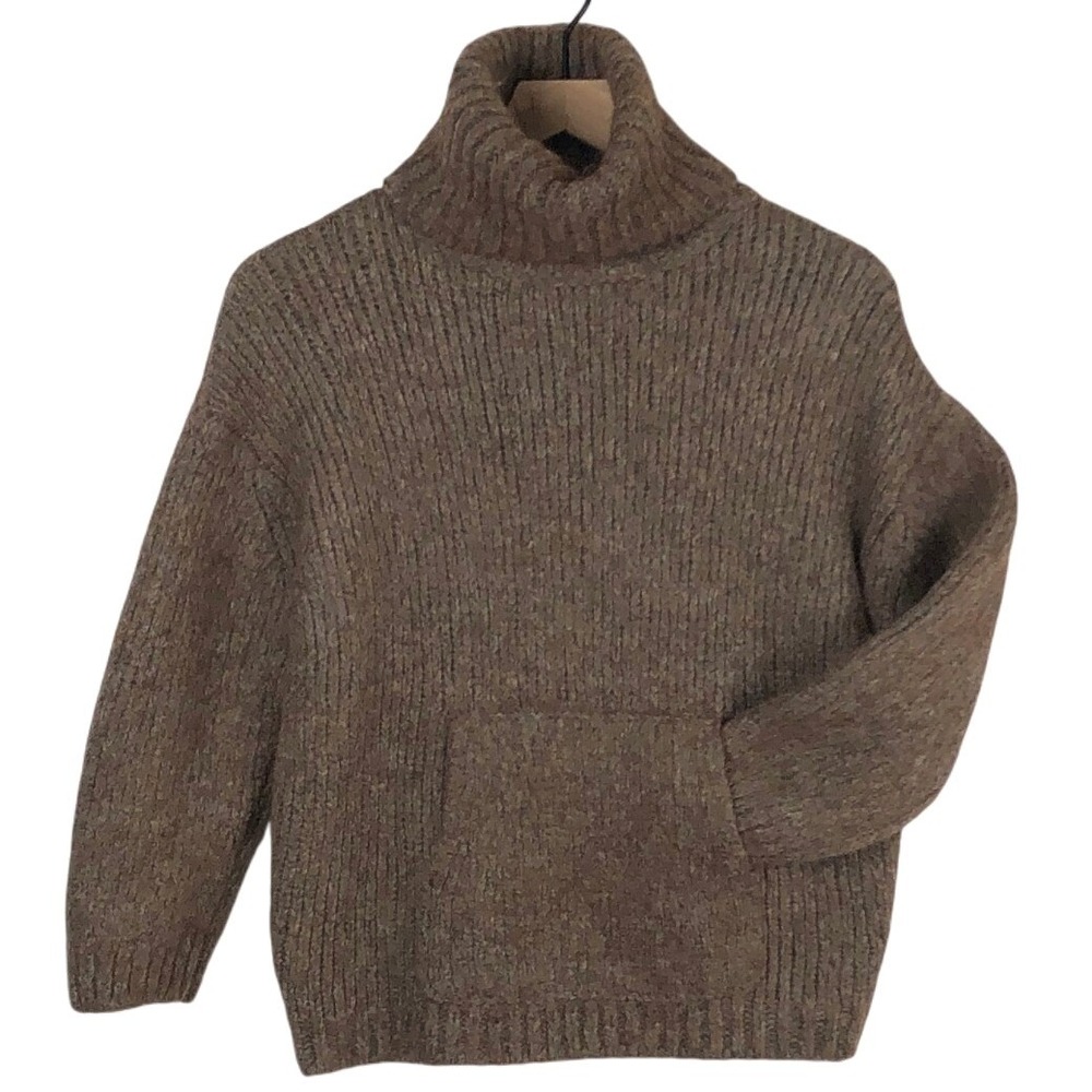 HELSA Janin Merino Wool Alpaca Ribbed Turtleneck Sweater S Brown Kangaroo Pocket